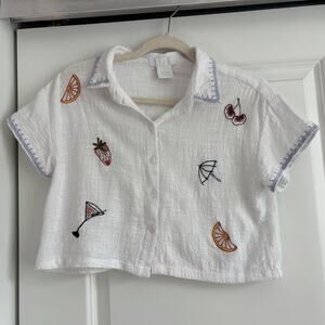 LIFE Women’s Summer Fruit Embroidered Novelty Cropped Button Down Top White S